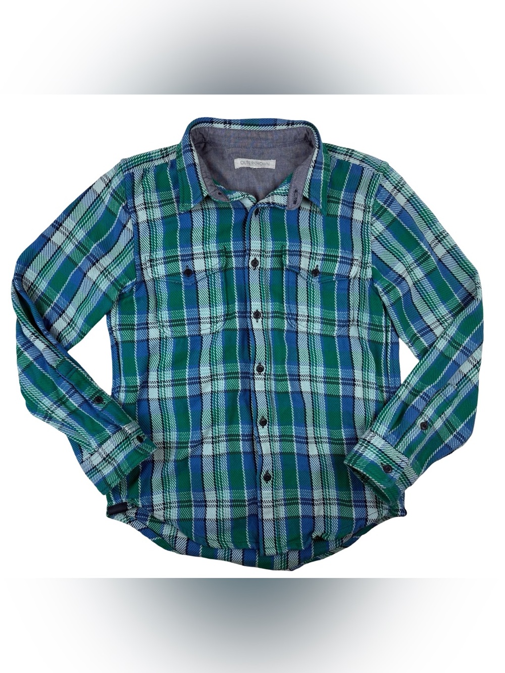 Outerknown Blanket Shirt Green Blue Check Mens Button Front Shirt Size Small